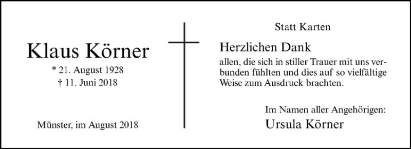  Traueranzeige für Klaus Körner vom 11.08.2018 aus Westfälische Nachrichten