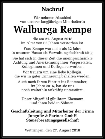 Anzeige von Walburga Rempe von Westfälische Nachrichten