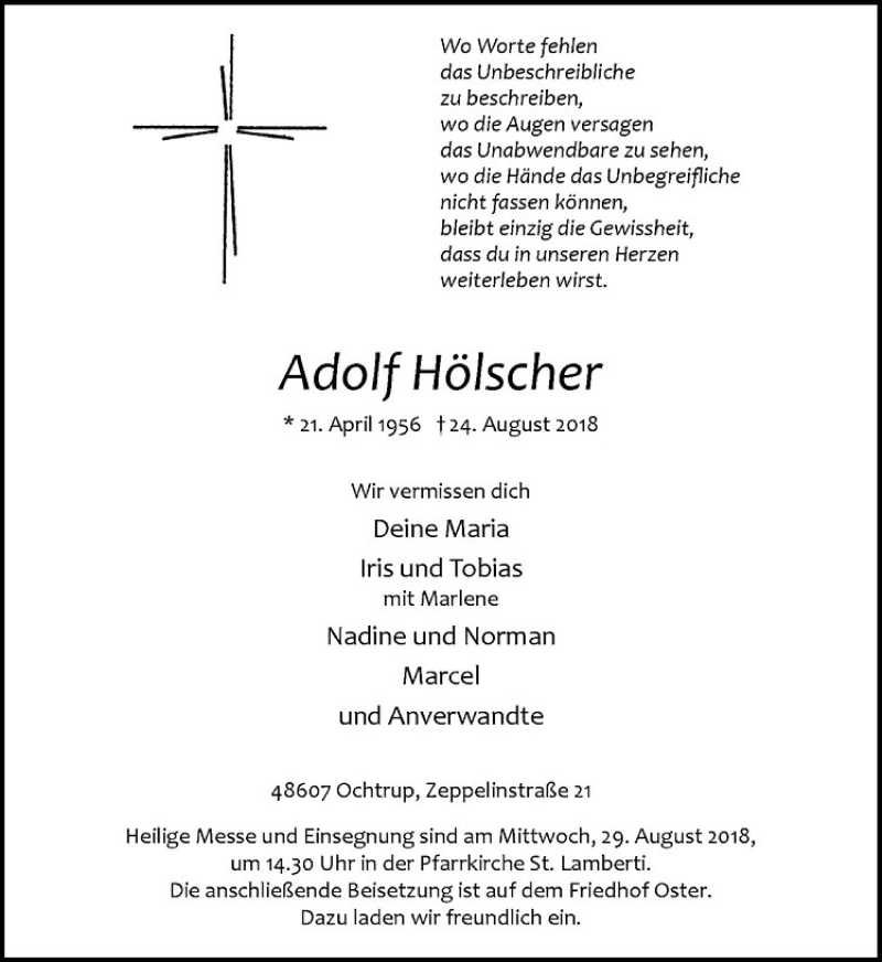  Traueranzeige für Adolf Hölscher vom 27.08.2018 aus Westfälische Nachrichten