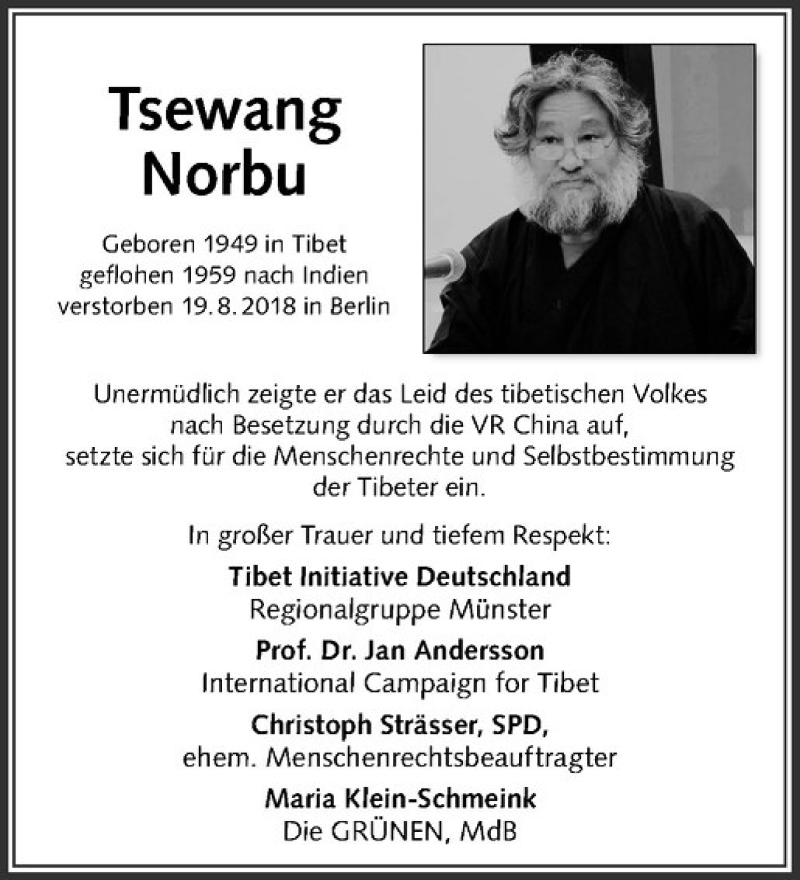  Traueranzeige für Tsewang Norbu vom 25.08.2018 aus Westfälische Nachrichten