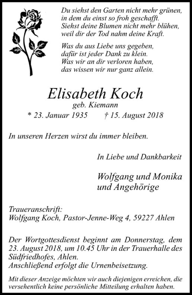  Traueranzeige für Elisabeth Koch vom 18.08.2018 aus Westfälische Nachrichten