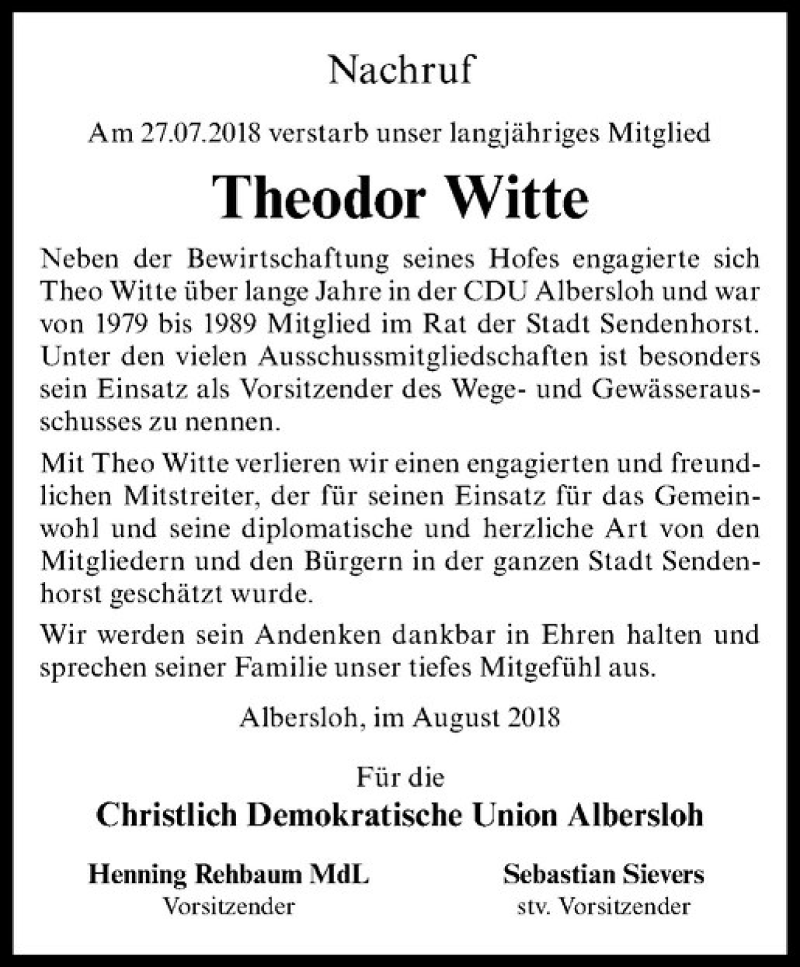  Traueranzeige für Theodor Witte vom 11.08.2018 aus Westfälische Nachrichten
