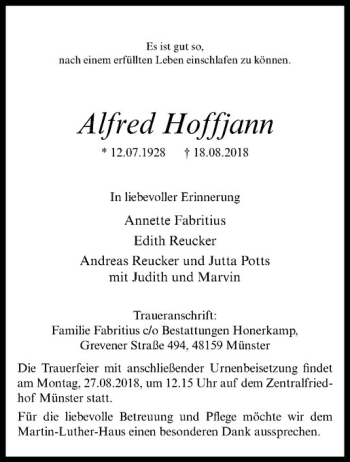 Anzeige von Alfred Hoffjann von Westfälische Nachrichten
