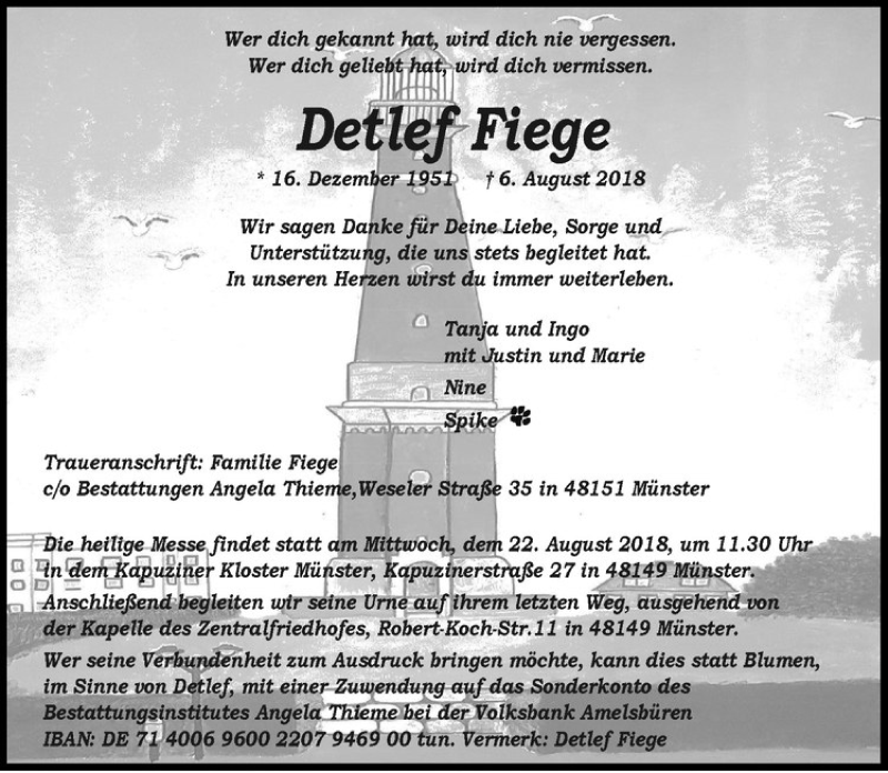  Traueranzeige für Detlef Fiege vom 18.08.2018 aus Westfälische Nachrichten