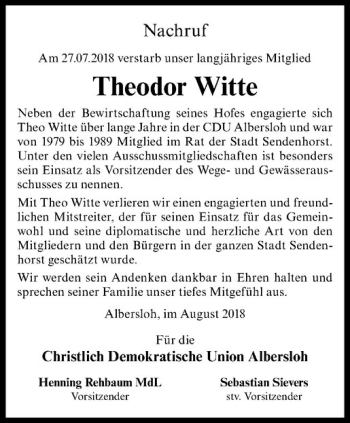 Anzeige von Theodor Witte von Westfälische Nachrichten