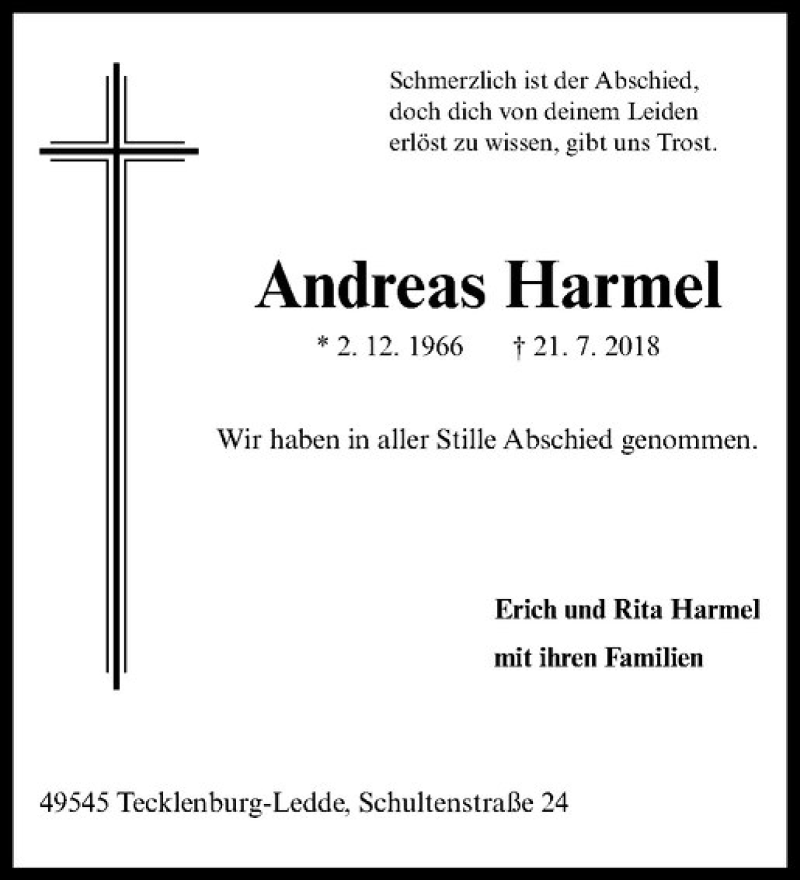  Traueranzeige für Andreas Harmel vom 04.08.2018 aus Westfälische Nachrichten