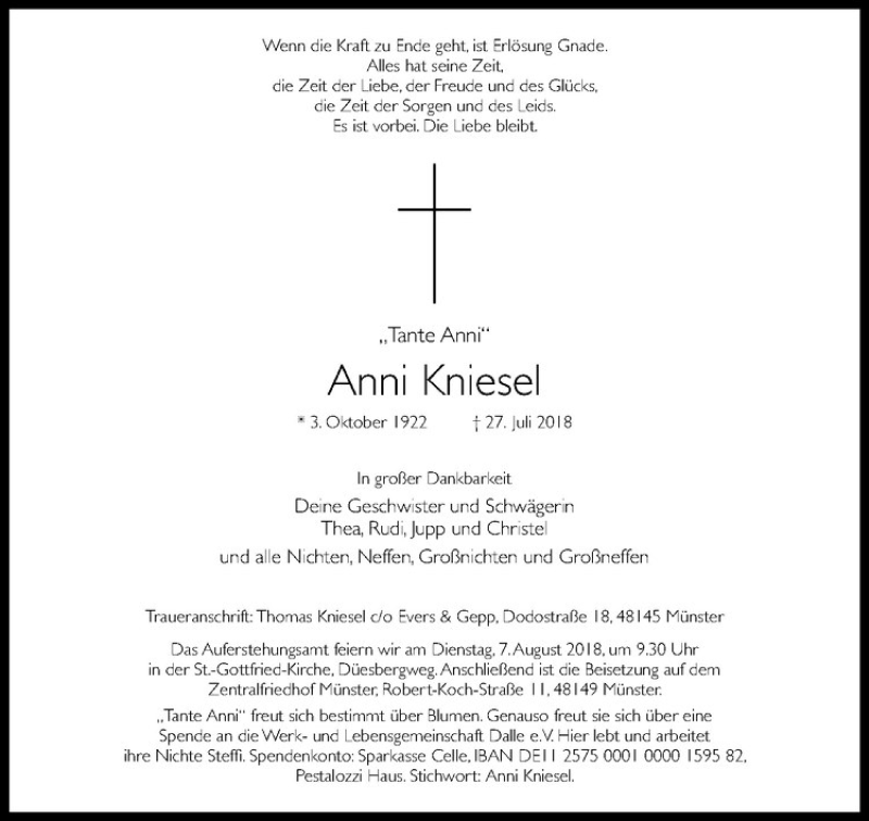  Traueranzeige für Anni Kniesel vom 04.08.2018 aus Westfälische Nachrichten