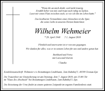 Anzeige von Wilhelm Wehmeier von Westfälische Nachrichten