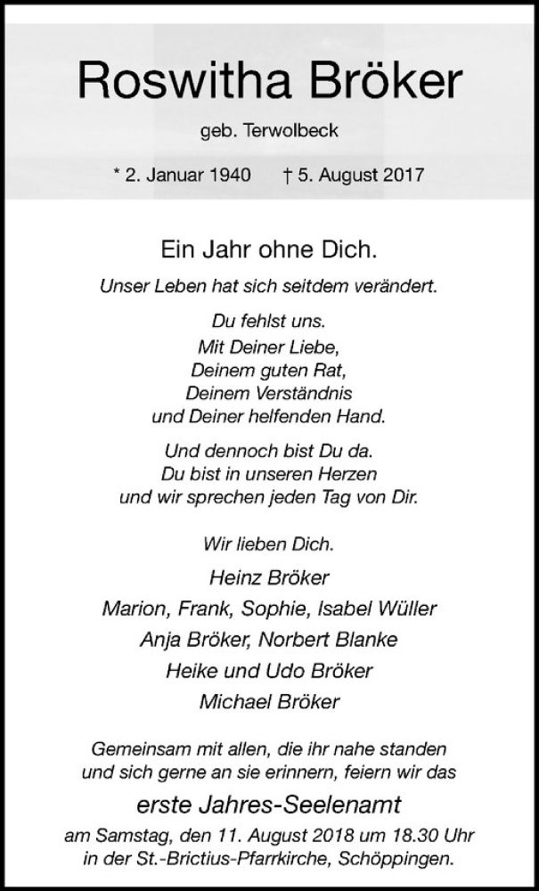  Traueranzeige für Roswitha Bröker vom 06.08.2018 aus Westfälische Nachrichten