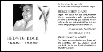 Anzeige von Hedwig Kock von Westfälische Nachrichten