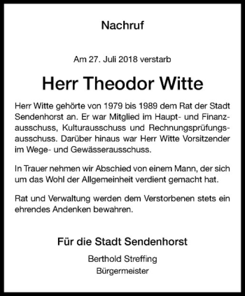Anzeige von Theodor Witte von Westfälische Nachrichten