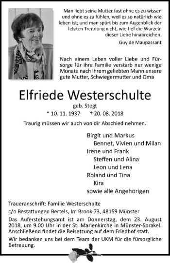 Anzeige von Elfriede Westerschulte von Westfälische Nachrichten
