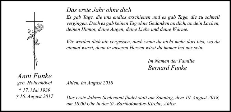  Traueranzeige für Anni Funke vom 12.08.2018 aus Westfälische Nachrichten