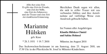 Anzeige von Marianne Hülsken von Westfälische Nachrichten
