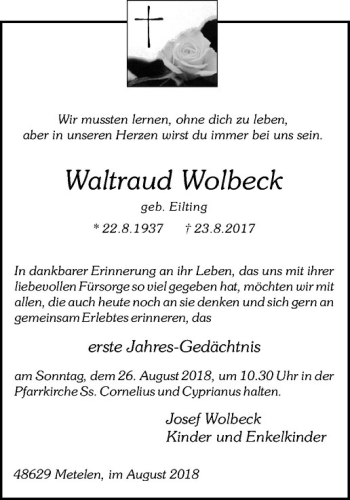 Anzeige von Waltraud Wolbeck von Westfälische Nachrichten
