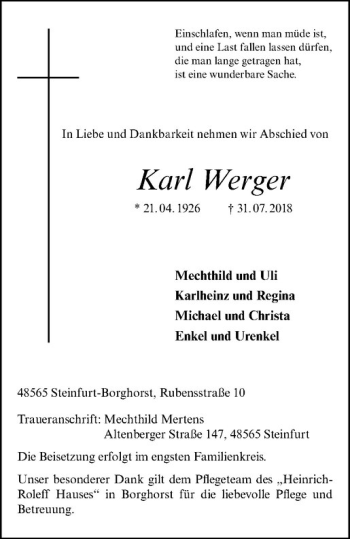 Anzeige von Karl Werger von Westfälische Nachrichten