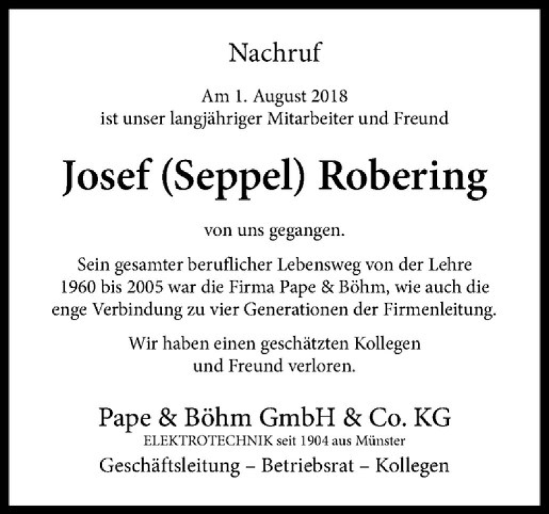  Traueranzeige für Josef Robering vom 06.08.2018 aus Westfälische Nachrichten