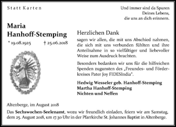Anzeige von Maria Hanhoff-Stemping von Westfälische Nachrichten
