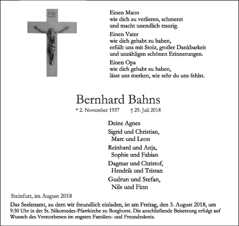  Traueranzeige für Bernhard Bahns vom 01.08.2018 aus Westfälische Nachrichten