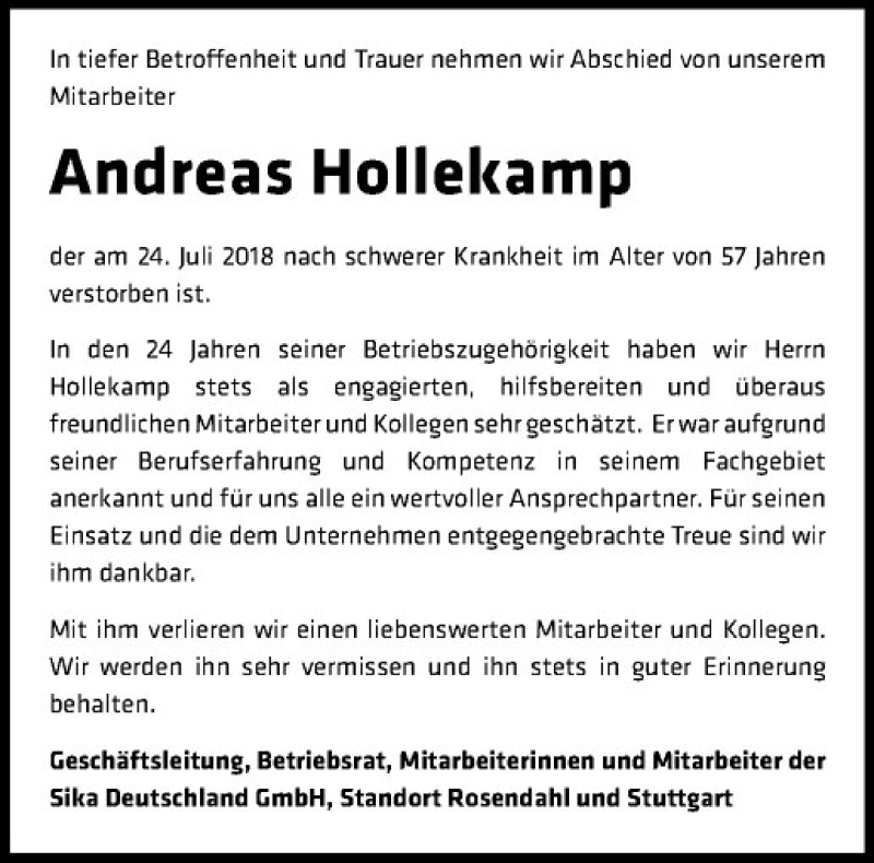  Traueranzeige für Andreas Hollekamp vom 01.08.2018 aus Westfälische Nachrichten