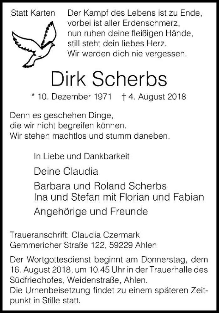  Traueranzeige für Dirk Scherbs vom 11.08.2018 aus Westfälische Nachrichten