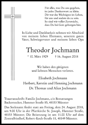 Anzeige von Theodor Jochmann von Westfälische Nachrichten
