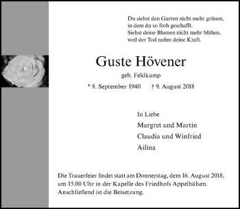 Anzeige von Guste Hövener von Westfälische Nachrichten
