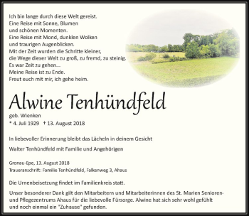 Anzeige von Alwine Tenhündfeld von Westfälische Nachrichten