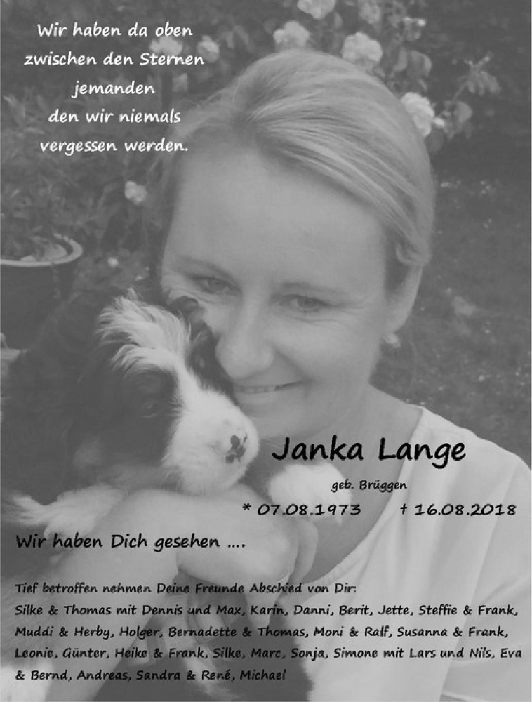  Traueranzeige für Janka Lange vom 25.08.2018 aus Westfälische Nachrichten