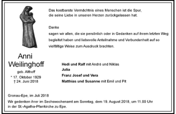 Anzeige von Anni Weilinghoff von Westfälische Nachrichten