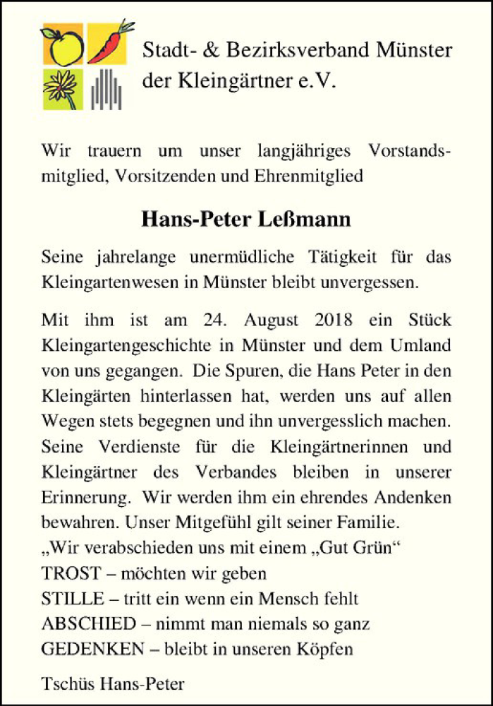  Traueranzeige für Hans-Peter Leßmann vom 30.08.2018 aus Westfälische Nachrichten