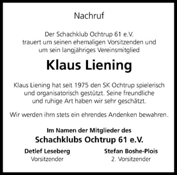 Anzeige von Klaus Liening von Westfälische Nachrichten