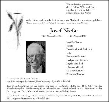Anzeige von Josef Nieße von Westfälische Nachrichten