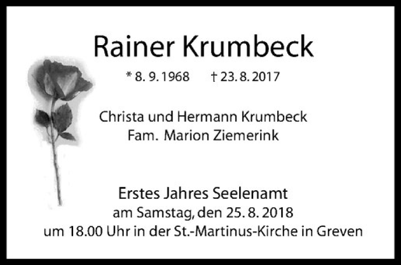  Traueranzeige für Rainer Krumbeck vom 18.08.2018 aus Westfälische Nachrichten