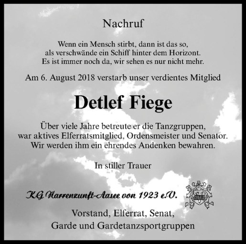  Traueranzeige für Detlef Fiege vom 18.08.2018 aus Westfälische Nachrichten