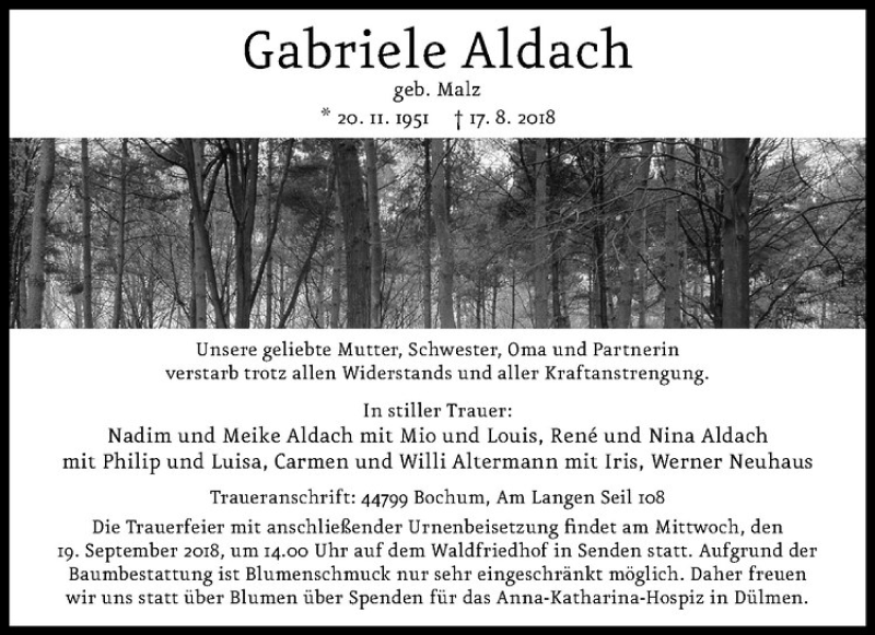  Traueranzeige für Gabriele Aldach vom 28.08.2018 aus Westfälische Nachrichten