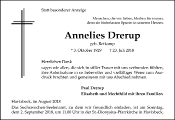 Anzeige von Annelies Drerup von Westfälische Nachrichten
