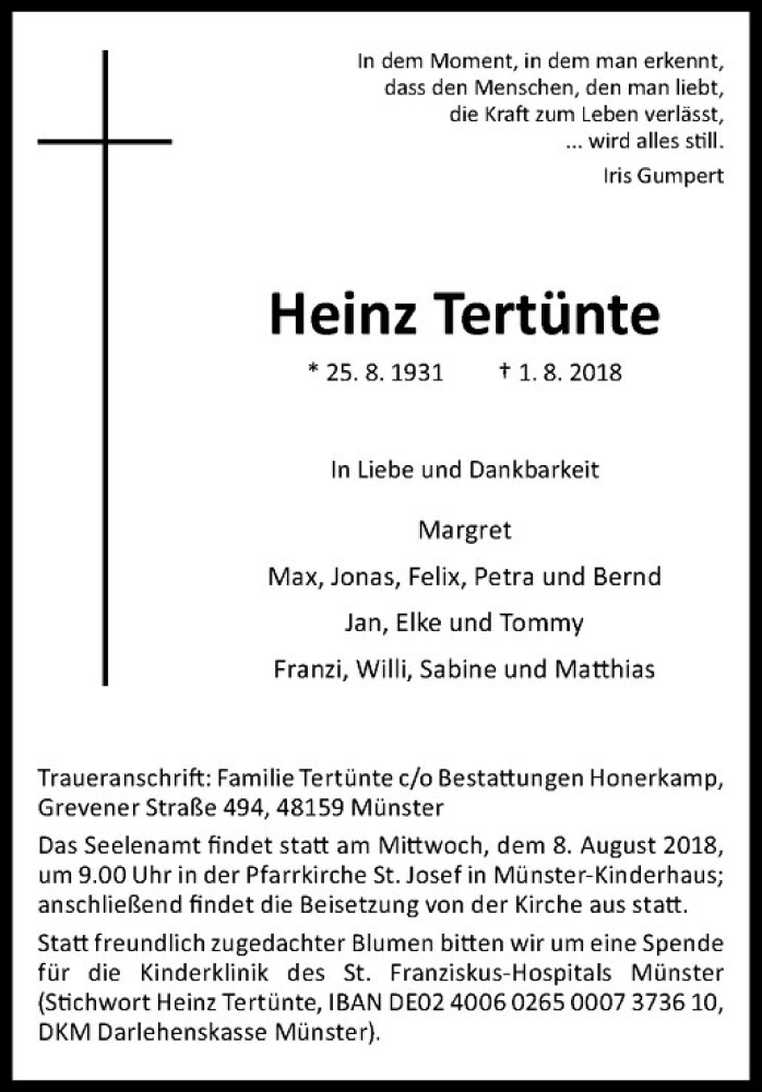  Traueranzeige für Heinz Tertünte vom 04.08.2018 aus Westfälische Nachrichten