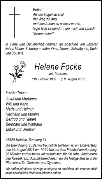 Anzeige von Helene Focke von Westfälische Nachrichten