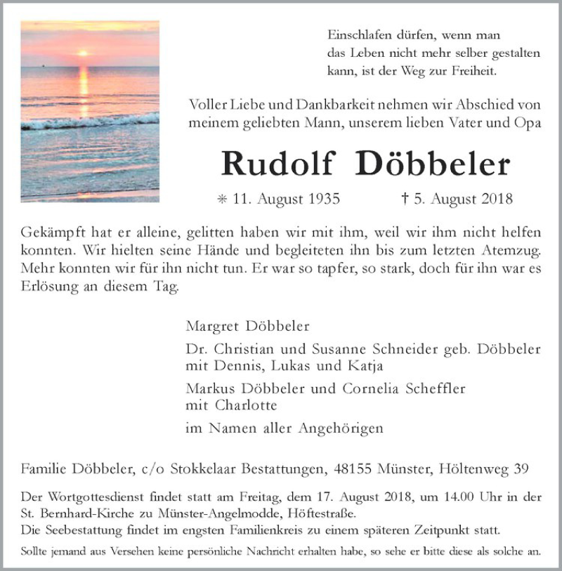  Traueranzeige für Rudolf Döbbeler vom 06.08.2018 aus Westfälische Nachrichten
