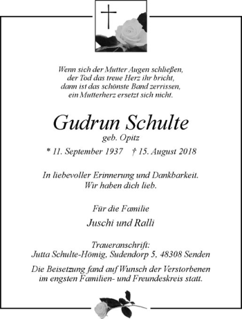 Anzeige von Gudrun Schulte von Westfälische Nachrichten
