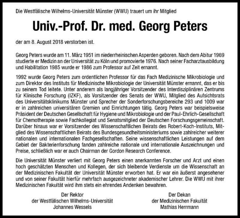  Traueranzeige für Georg Peters vom 16.08.2018 aus Westfälische Nachrichten