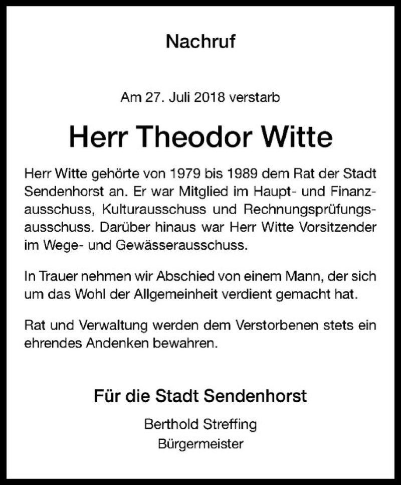  Traueranzeige für Theodor Witte vom 11.08.2018 aus Westfälische Nachrichten