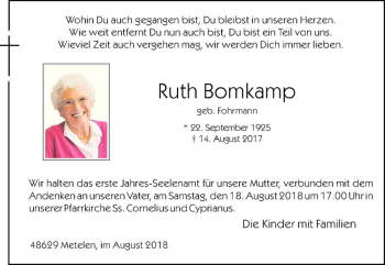 Anzeige von Ruth Bomkamp von Westfälische Nachrichten