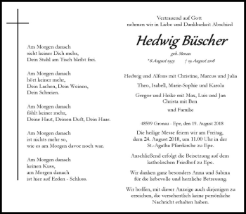 Anzeige von Hedwig Büscher von Westfälische Nachrichten