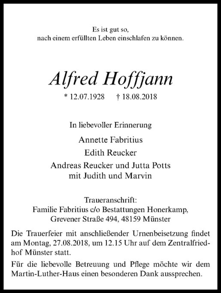  Traueranzeige für Alfred Hoffjann vom 22.08.2018 aus Westfälische Nachrichten