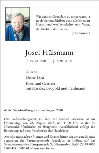 Anzeige von Josef Hülsmann von Westfälische Nachrichten