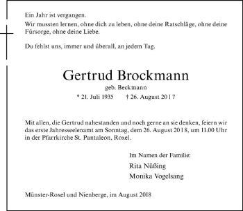 Anzeige von Gertrud Brockmann von Westfälische Nachrichten