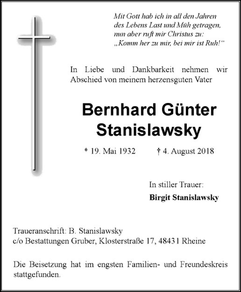  Traueranzeige für Bernhard Günter Stanislawsky vom 11.08.2018 aus Westfälische Nachrichten