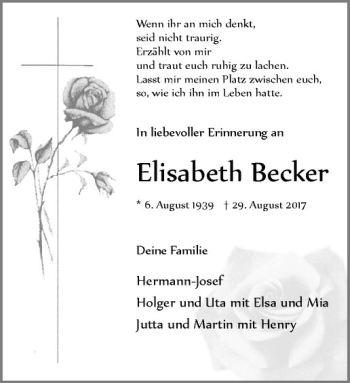 Anzeige von Elisabeth Becker von Westfälische Nachrichten